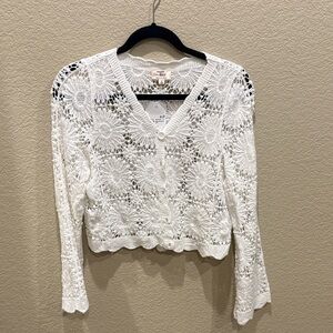 Dizzy lizzy White Crochet V-Neck Cropped Sweater
